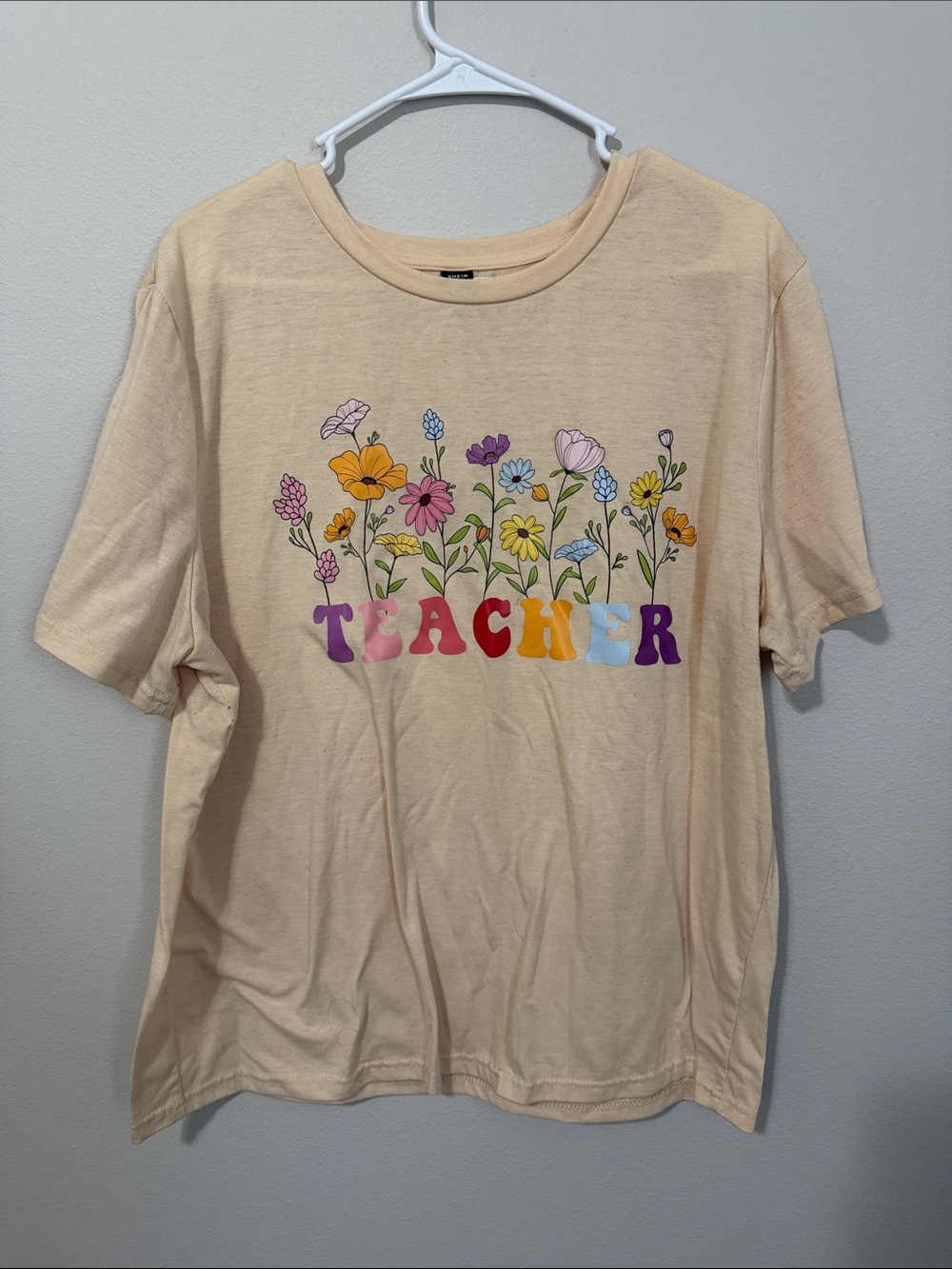SHEIN Cream Floral TEACHER Graphic Tee with Multicolor Print